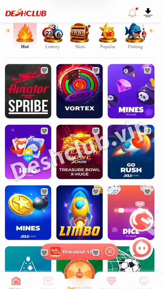 Desh Club games showcase featuring Aviator, Vortex, Mines and JILI titles
