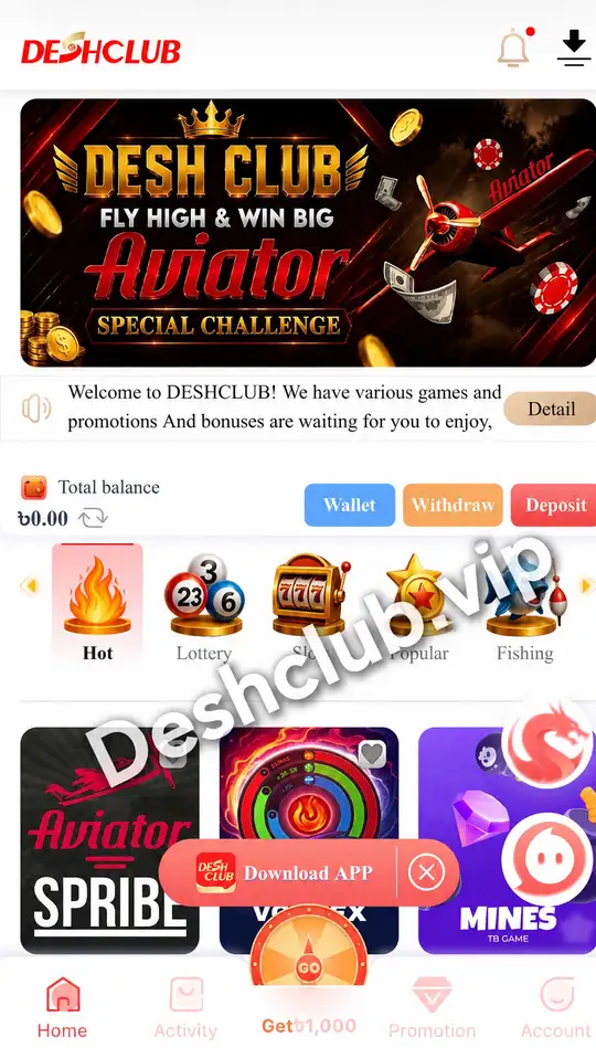 Desh Club home screen showing Aviator Special Challenge banner and game categories